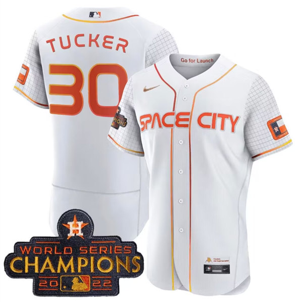 Men's White Houston Astros #30 Kyle Tucker With 2022 World Serise Champions Patch Stitched Baseball Jersey